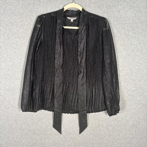 Nanette Lepore Blouse Small Metallic Sheer Sleeve Neck Bow Tie Cord Pleated - Picture 2 of 13